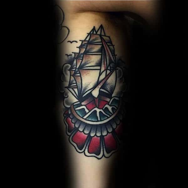 Inner Arm Bicep Ship Tattoos For Guys With Traditional Style Design