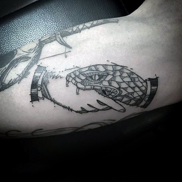 Inner Arm Bicep Small Manly Snake Biting Hand Mens Tattoos