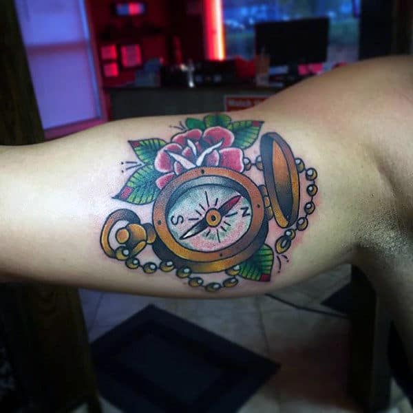 Inner Arm Bicep Traditional Compass Tattoo Design Ideas For Men