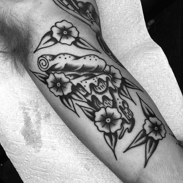 Inner Arm Bicep Traditional Mens Tattoo Pizza Flower Design