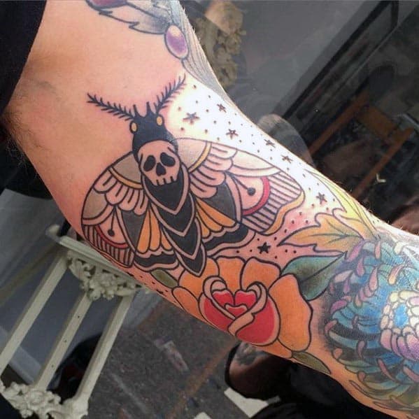 Inner Arm Bicep Traditional Moth Tattoo Designs For Men