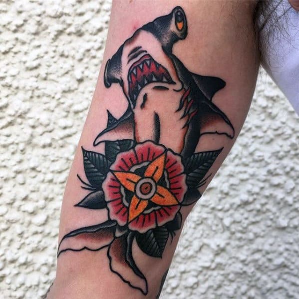 Inner Arm Bicep Traditional Shark With Flower Tattoo For Men
