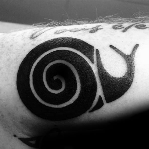 Inner Arm Bicep Tribal Black Ink Snail Tattoos For Gentlemen