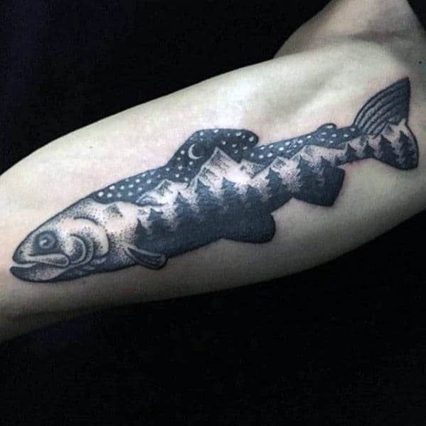 Inner Arm Bicep Trout Night Sky With Forest Mens Tattoos