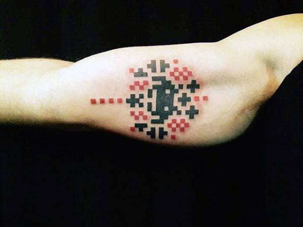 Inner Arm Bicep Video Game Black And Red Ink Pixel Tattoo Designs For Guys