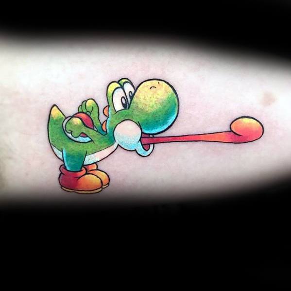 Inner Arm Bicep Yoshi Tounge Tattoos Male