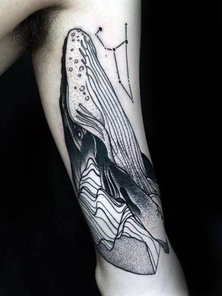 Inner Arm Dotwork Male Whale Linework Black Ink Tattoo Designs
