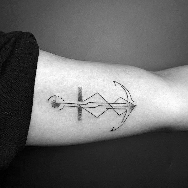 Modern geometric anchor tattoo with fine black lines and abstract shading on the arm, symbolizing strength, stability, and a contemporary nautical style.