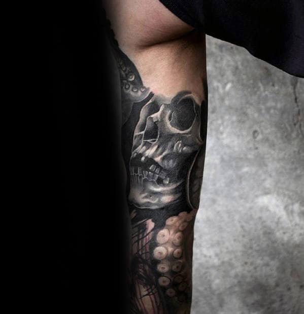 Inner Arm Guys 3d Shaded Grey Skull Tattoos