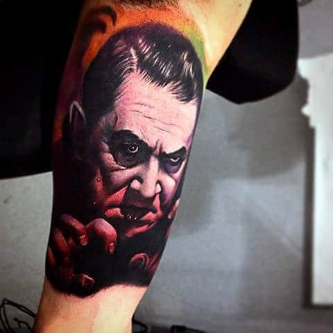 Inner Arm Guys Colorful 3d Dracula Portrait Tattoo Inspiration