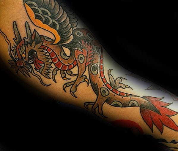 Inner Arm Guys Flying Traditional Dragon Tattoos