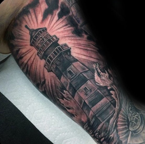 Inner Arm Guys Nautical Lighthouse Sleeve Tattoo