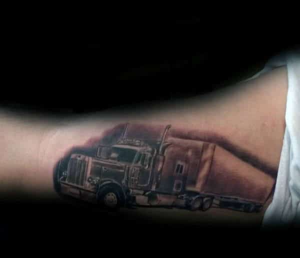 Inner Arm Guys Shaded Semi Truck Tattoo Inspiration