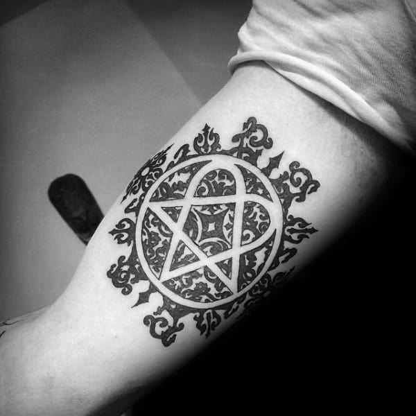 Inner Arm Heartagram Bicep Male Tattoos With Negative Space Pattern Designs
