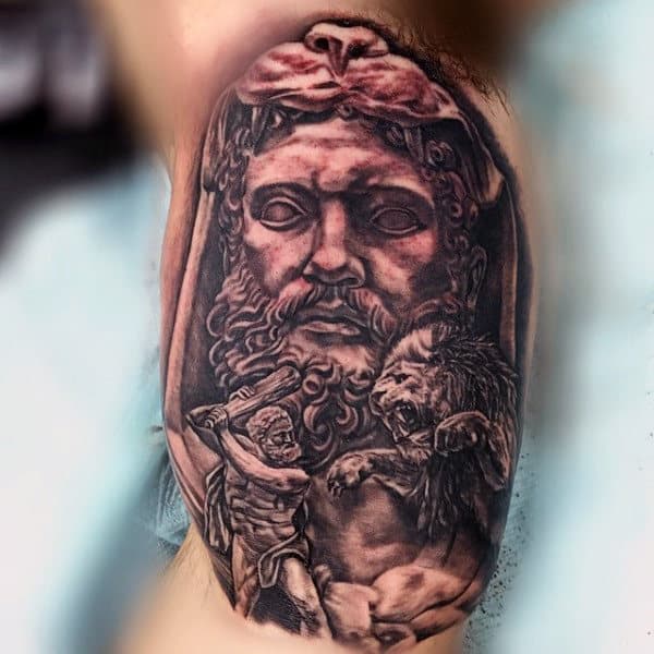 Inner Arm Hercules Battle Lion Tattoo For Man