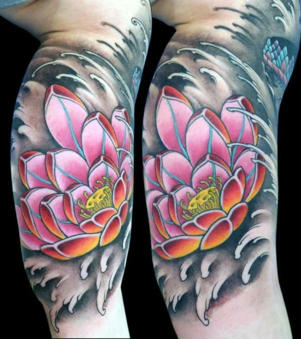 Inner Arm Lotus Flower Water Waves Guys Tattoos