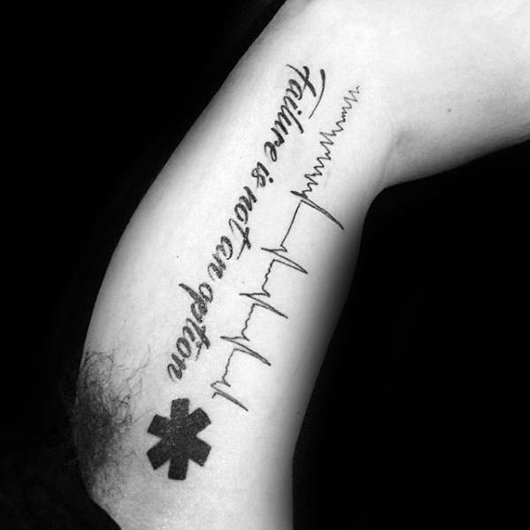 Inner Arm Male Star Of Life Heart Beat With Quote Tattoo