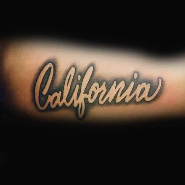 Inner Arm Negative Space California Lettering Tattoo For Males