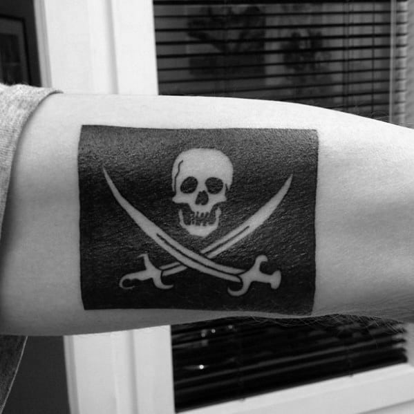 Inner Arm Pirate Flag Negative Space Blackwork Tattoos For Guys