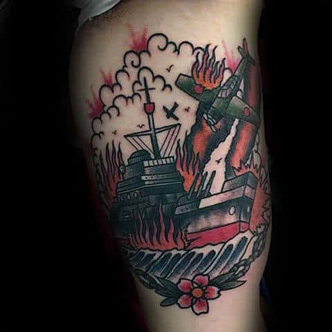 Inner Arm Plane And Navy Ship War Tattoo For Guys