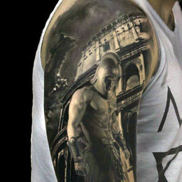 Arm tattoo of a gladiator with armor, against the backdrop of the Roman Colosseum