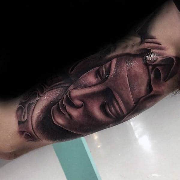 Inner Arm Virgin Mary Bicep Mens Shaded Tattoo Designs