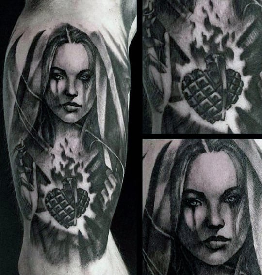 Inner Arm Virgin Mary Flaming Heart Tattoos For Men
