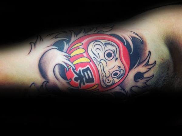 Inner Bicep Waves Red Daruma Doll Tattoos For Males
