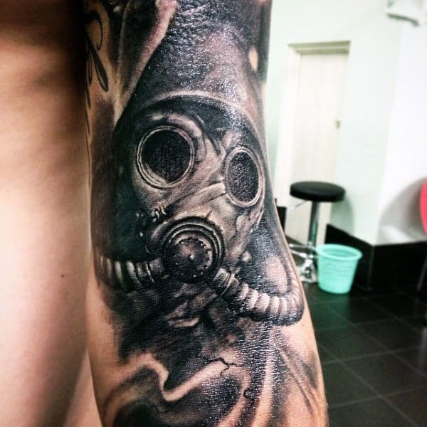 Inner Elbow Gas Mask Tattoo For Men