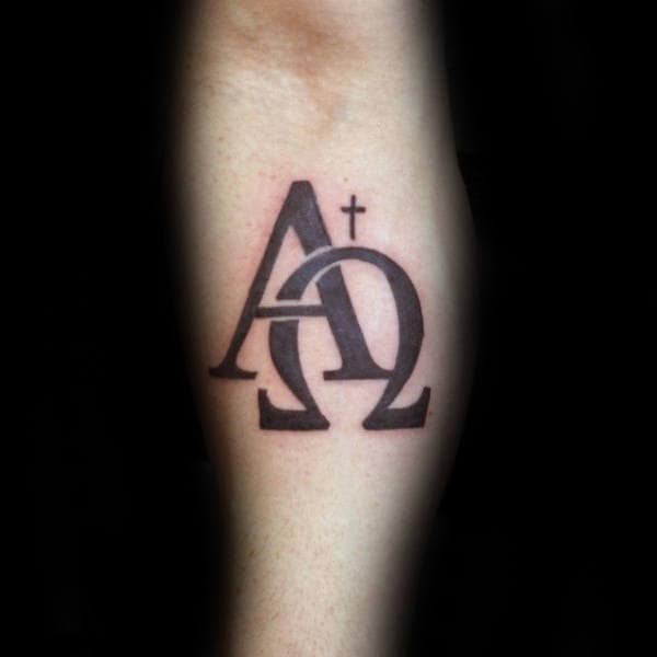 Inner Foream Alpha Omega Tattoo With Small Cross For Guys