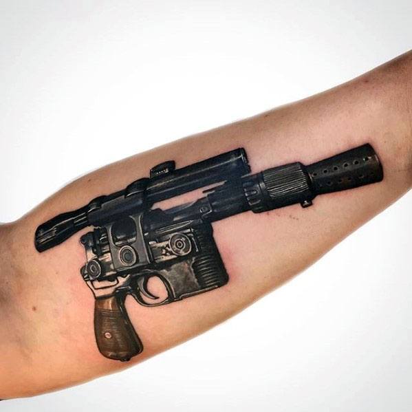 Inner Forearm 3d Blaster Pistol Han Solo Mens Tattoo Designs