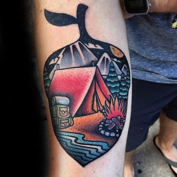 Inner Forearm Acorn Tent Tattoo Design On Man