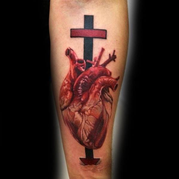 Realistic 3D tattoo of an anatomical heart pierced by a bold black sword, symbolizing strength and sacrifice, placed on the forearm.