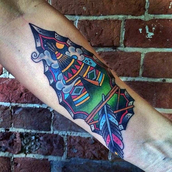 Inner Forearm Arrowhead Themed Guys Teepee Tattoo Deisgns