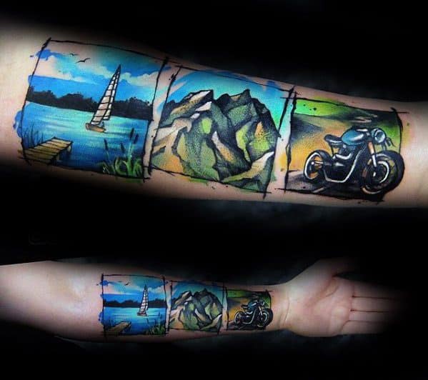 Vibrant forearm tattoo with three panels showing a lake with sailboat, rocky mountains, and a motorcycle on an open road.