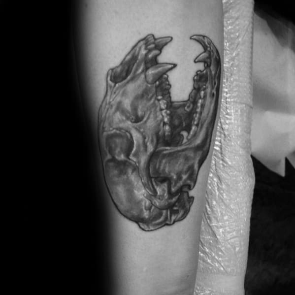 Inner Forearm Black And Grey Bear Skull Tattoo Ideas For Gentlemen