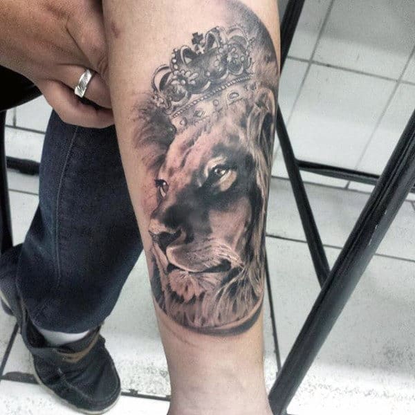 Inner Forearm Black And Grey Lion With Crown Shaded Mens Tattoos