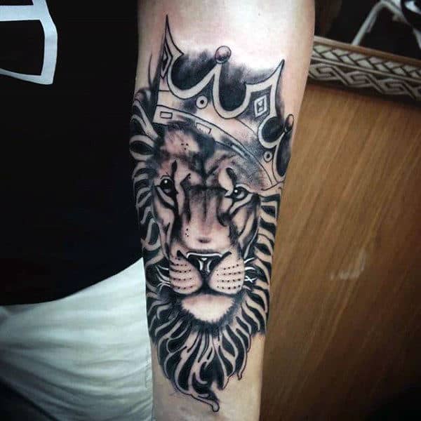 Inner Forearm Black Ink Male Lion With Crown Tattoos