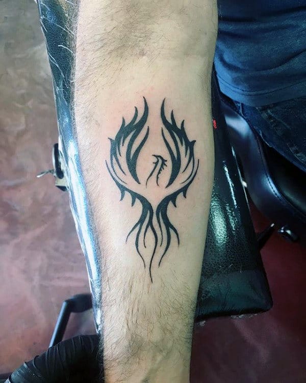 Inner Forearm Black Ink Male Phoenix Tattoo Designs