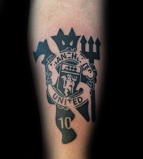 Inner Forearm Black Ink Manchester United Male Tattoos