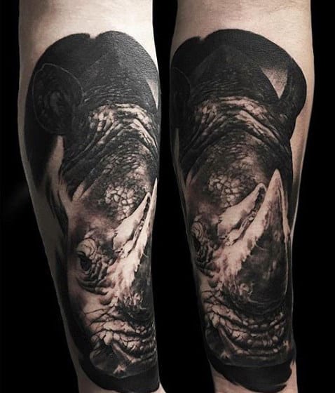 Inner Forearm Black Ink Realistic Rhino Tattoo Designs For Men