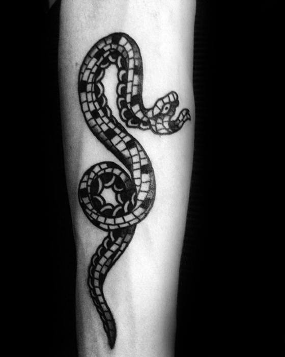 Inner Forearm Black Ink Snake Mens Tattoo Mosaic Design