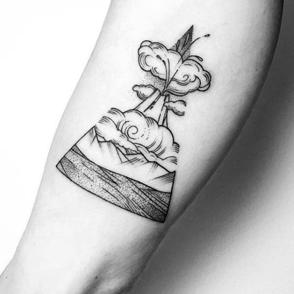 Inner Forearm Black Ink Volcano Tattoo Ideas For Gentlemen