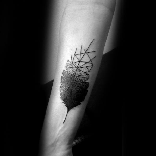 Inner Forearm Blackwork Geometric Feather Male Tattoos