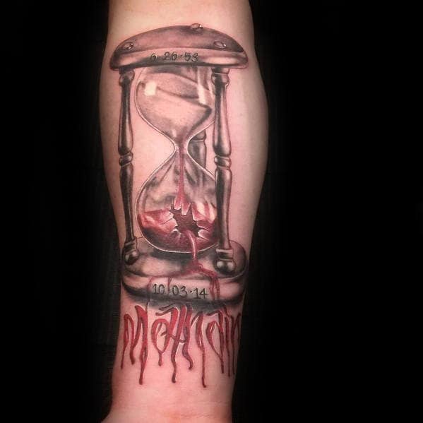 Inner Forearm Broken Hourglass Blood Tattoo Design For Guys