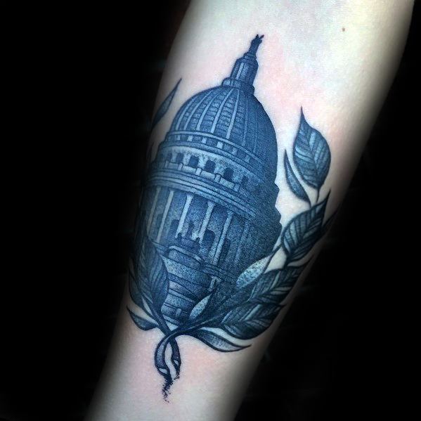 Inner Forearm Building With Quill Tattoo Design On Man