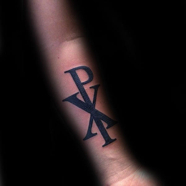 Inner Forearm Chi Rho Tattoo On Male With Black Ink Design