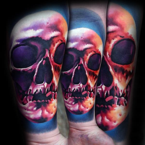 Inner Forearm Colorful Mens Realistic Skull Tattoo