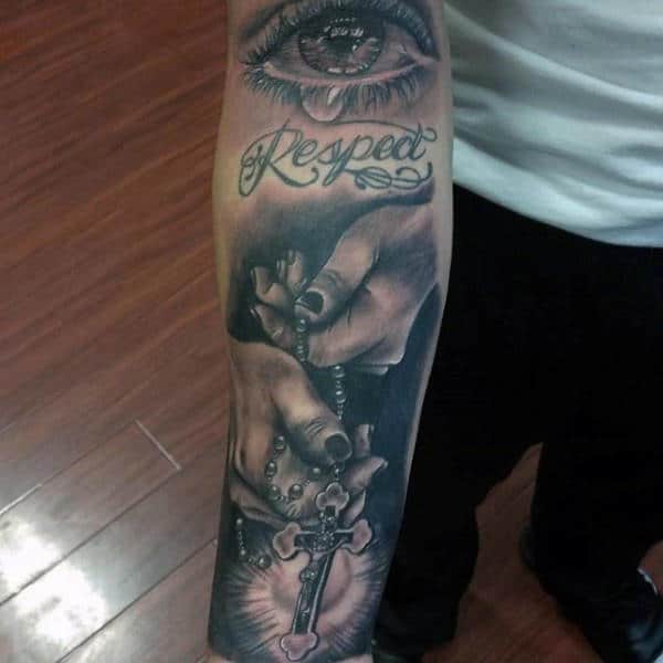 Inner Forearm Cross Praying Hands Tattoo Designs For Men
