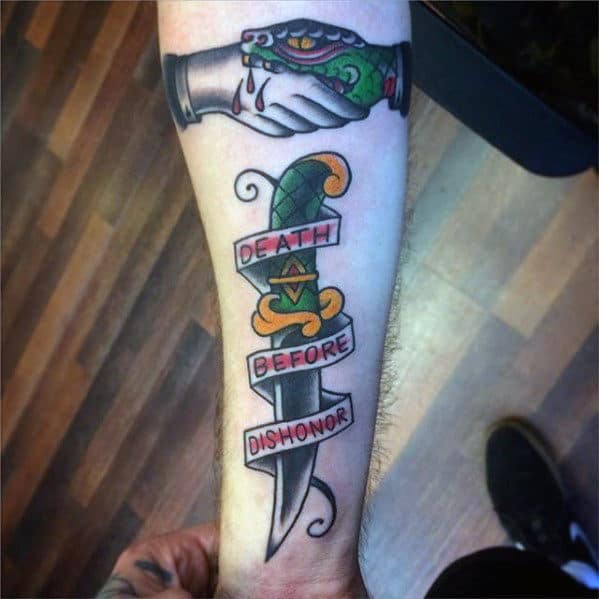 Inner Forearm Death Before Dishonor Dagger Tattoos For Males